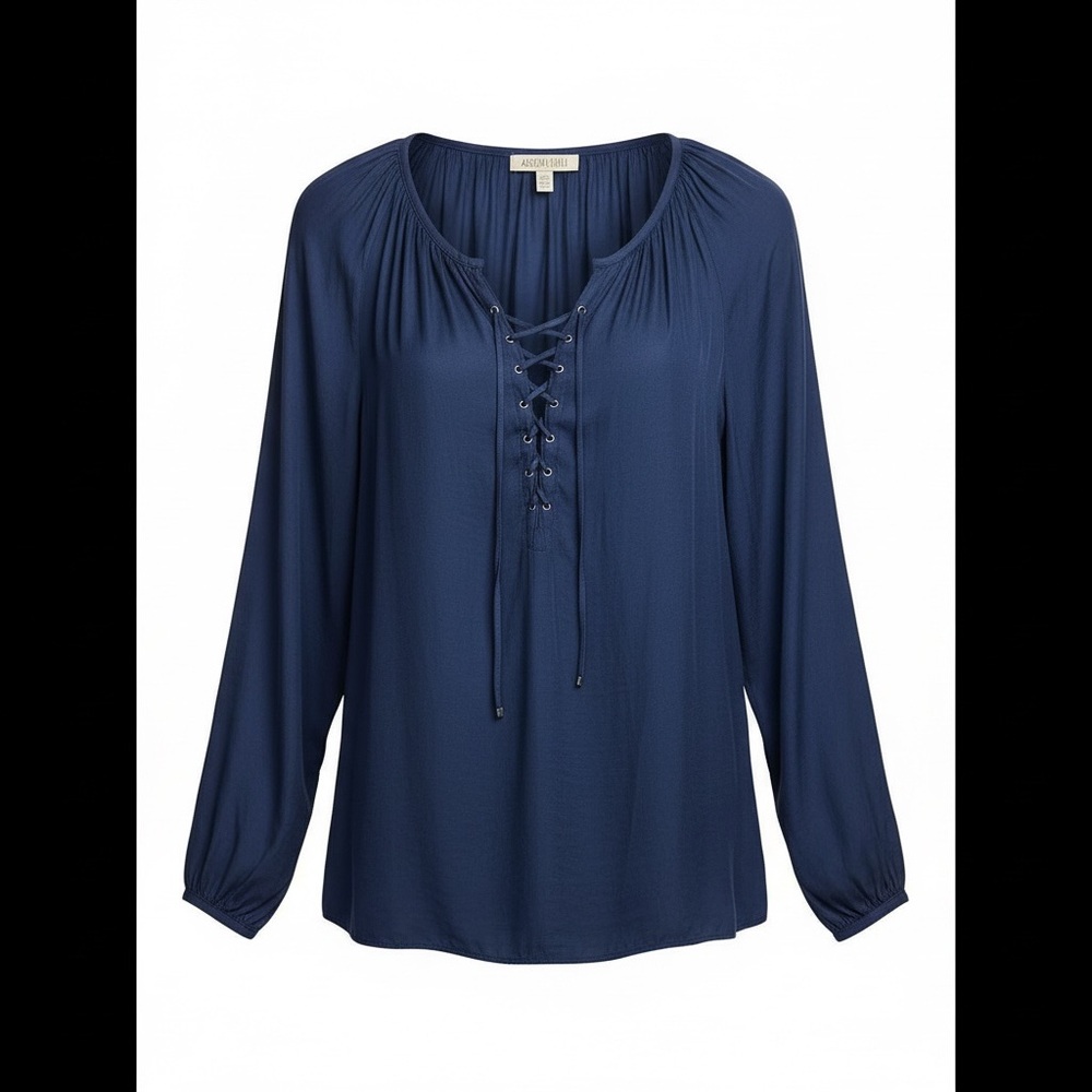 Jennifer Lopez Navy Lace-Up Peasant Top